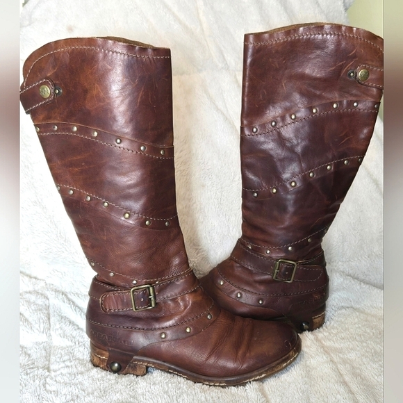 Women's Area Forte Brown Studded Knee High Moto Boots, Size 37/6.5 - Picture 1 of 7